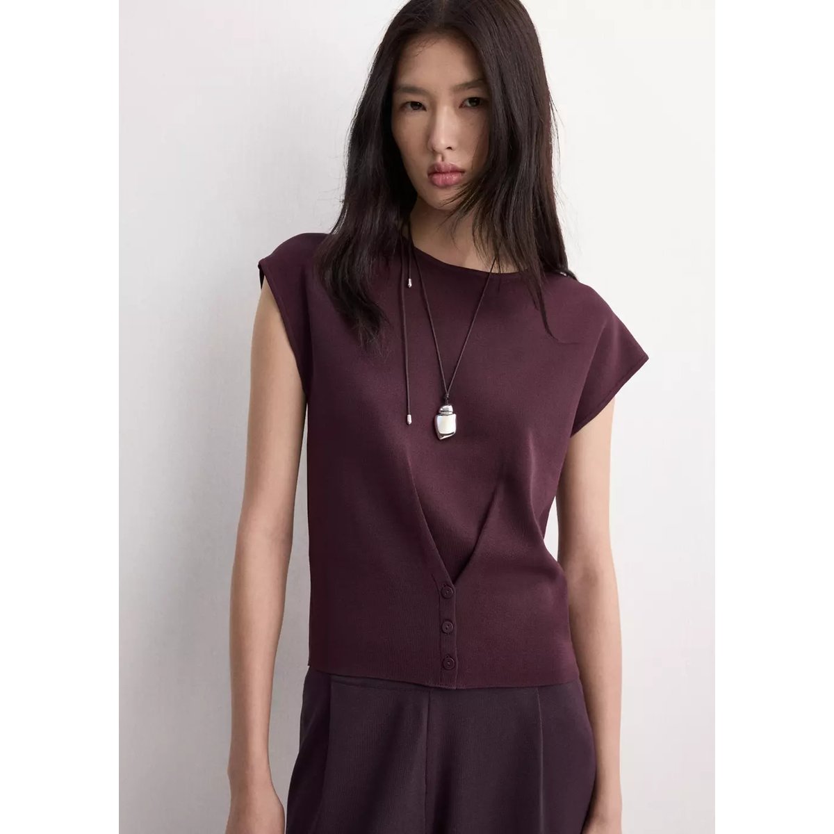 Pantalon en maille taille normale bordeaux, MANGO