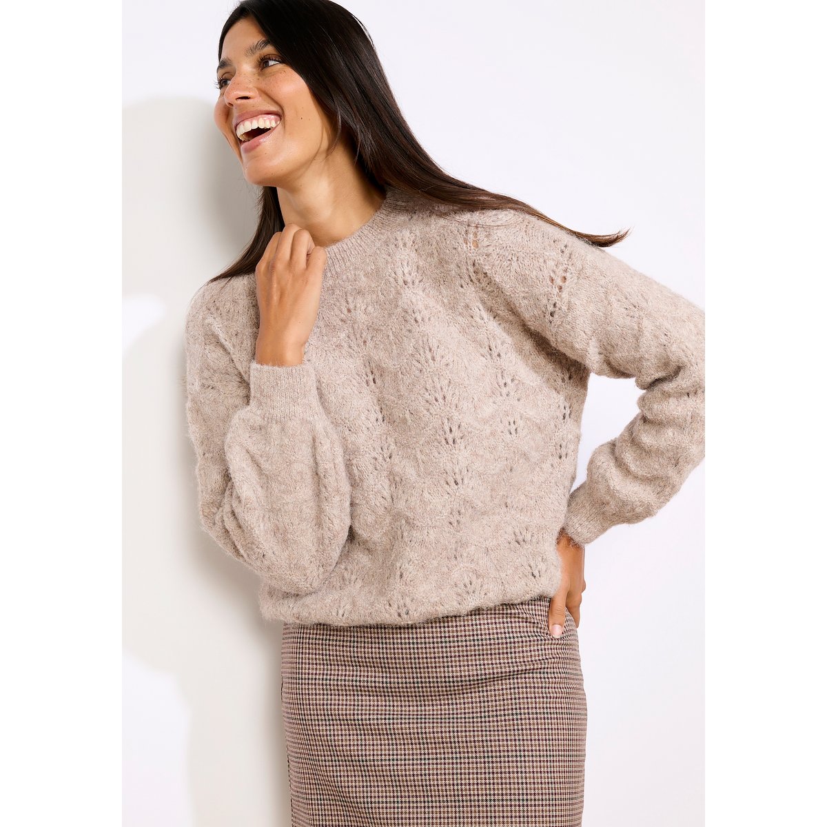 Pull moelleux texturé taupe, LOLALIZA