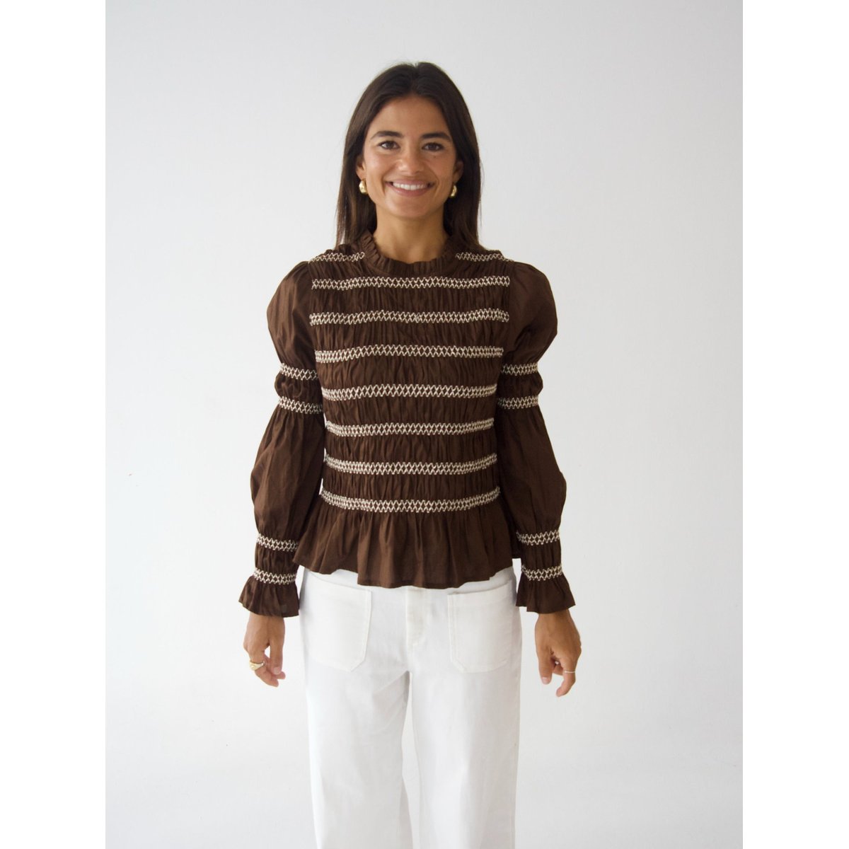 Blouse smockée manches bouffantes ELOISE marron, MINDTRAVELER