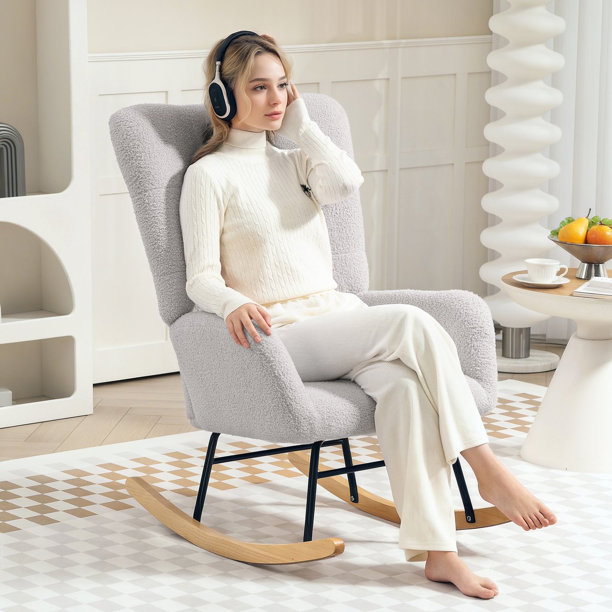 Fauteuil à bascule Laine bouclée Gris gris clair, HOMCOM