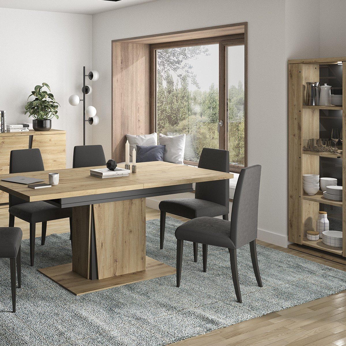 Ensemble vaisselier 2 portes avec éclairage avec table à manger extensible et table basse 1 tiroir Crack - Fabrication Française bois clair, CALICOSY