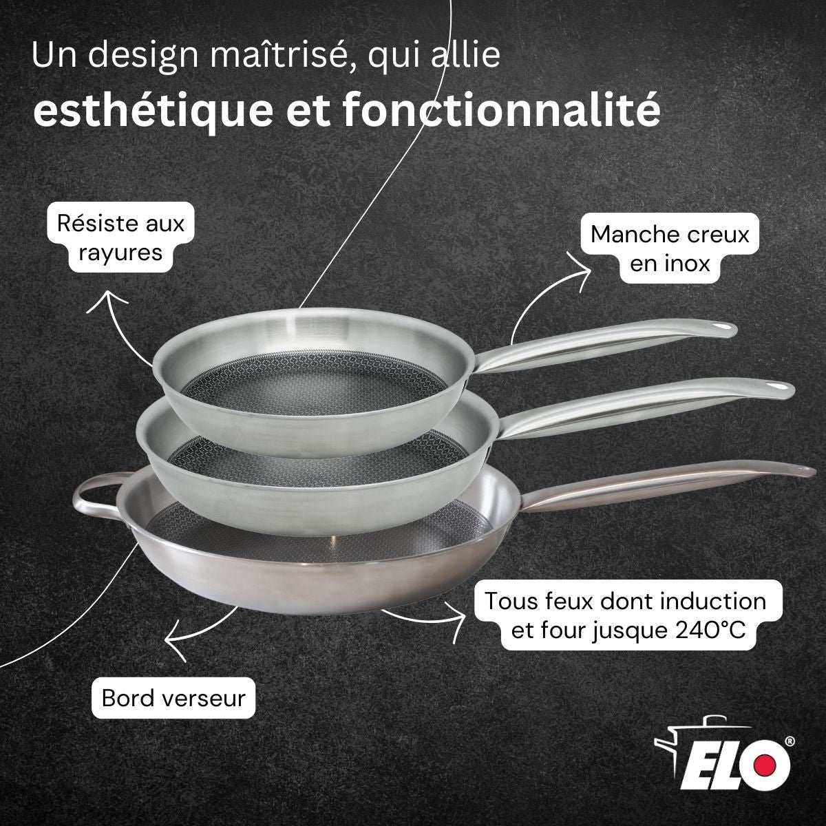 Set de 3 poêles 24/28/ avec 3 ustensiles RELIEF SOLUTION gris, ELO