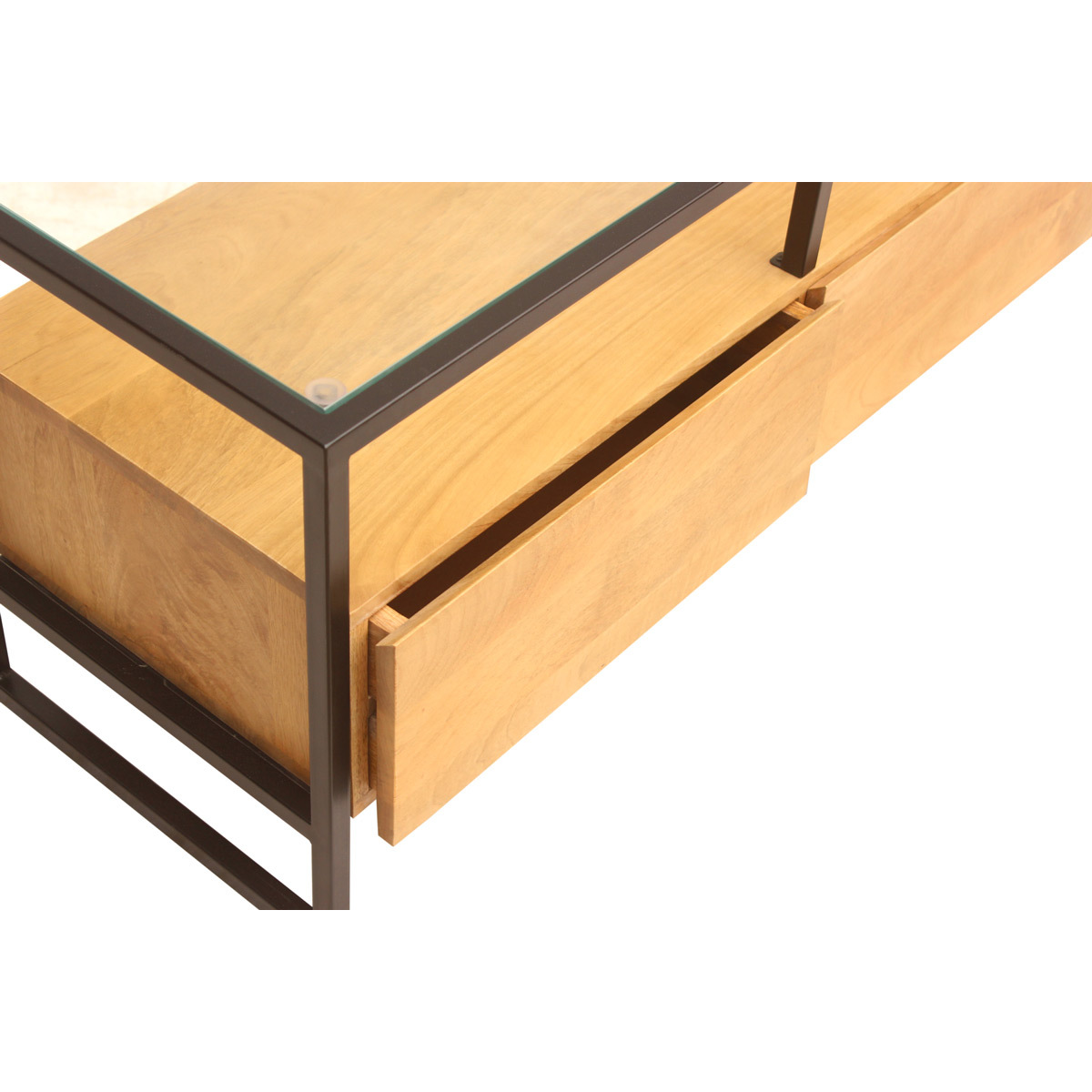 Meuble TV rectangulaire avec rangements en bois manguier massif, verre et métal noir L150 cm DIYA chêne clair, MILIBOO