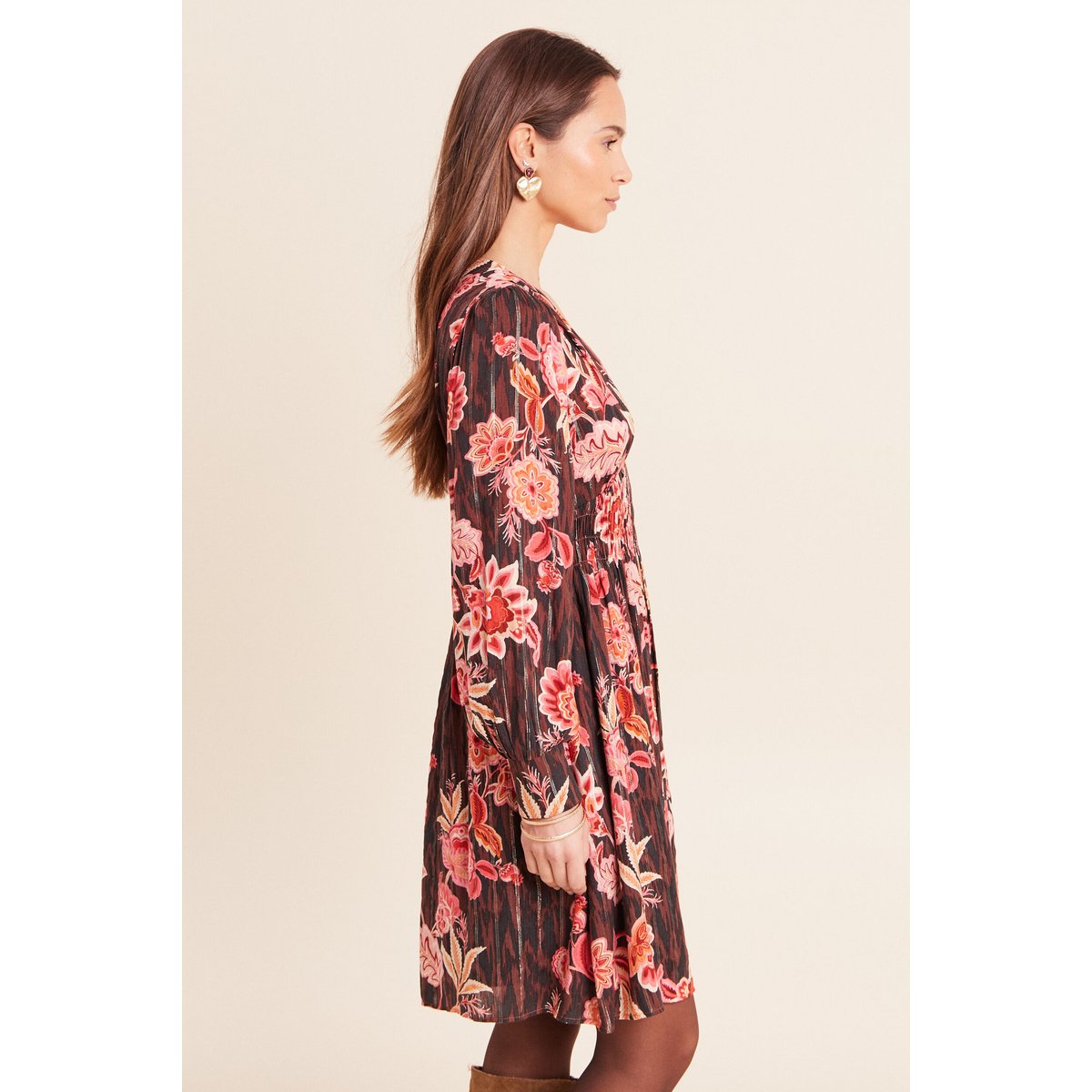 Robe courte évasée col v manches longues marron, BREAL