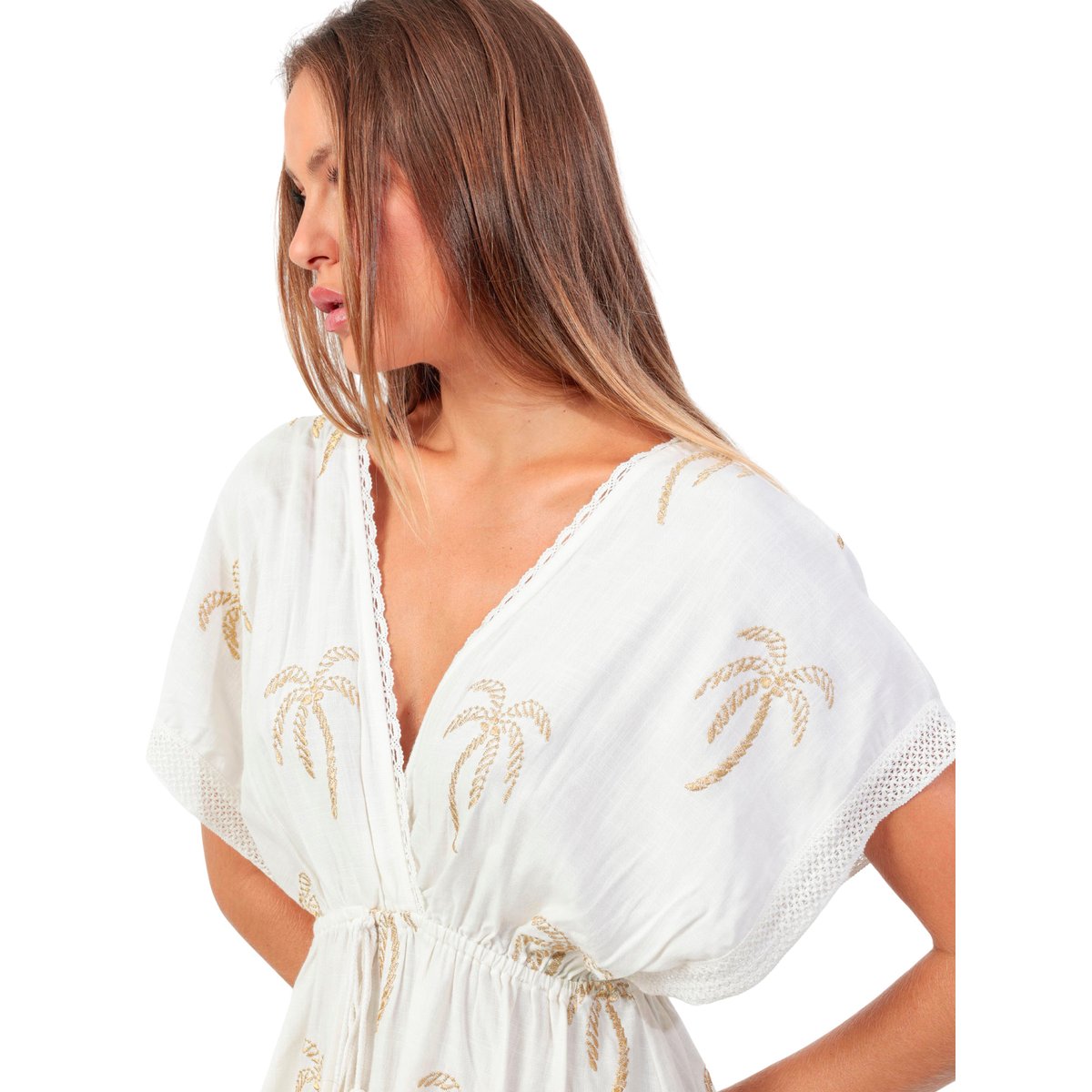 Robe de plage manches courtes Golden Palms blanc, ADMAS