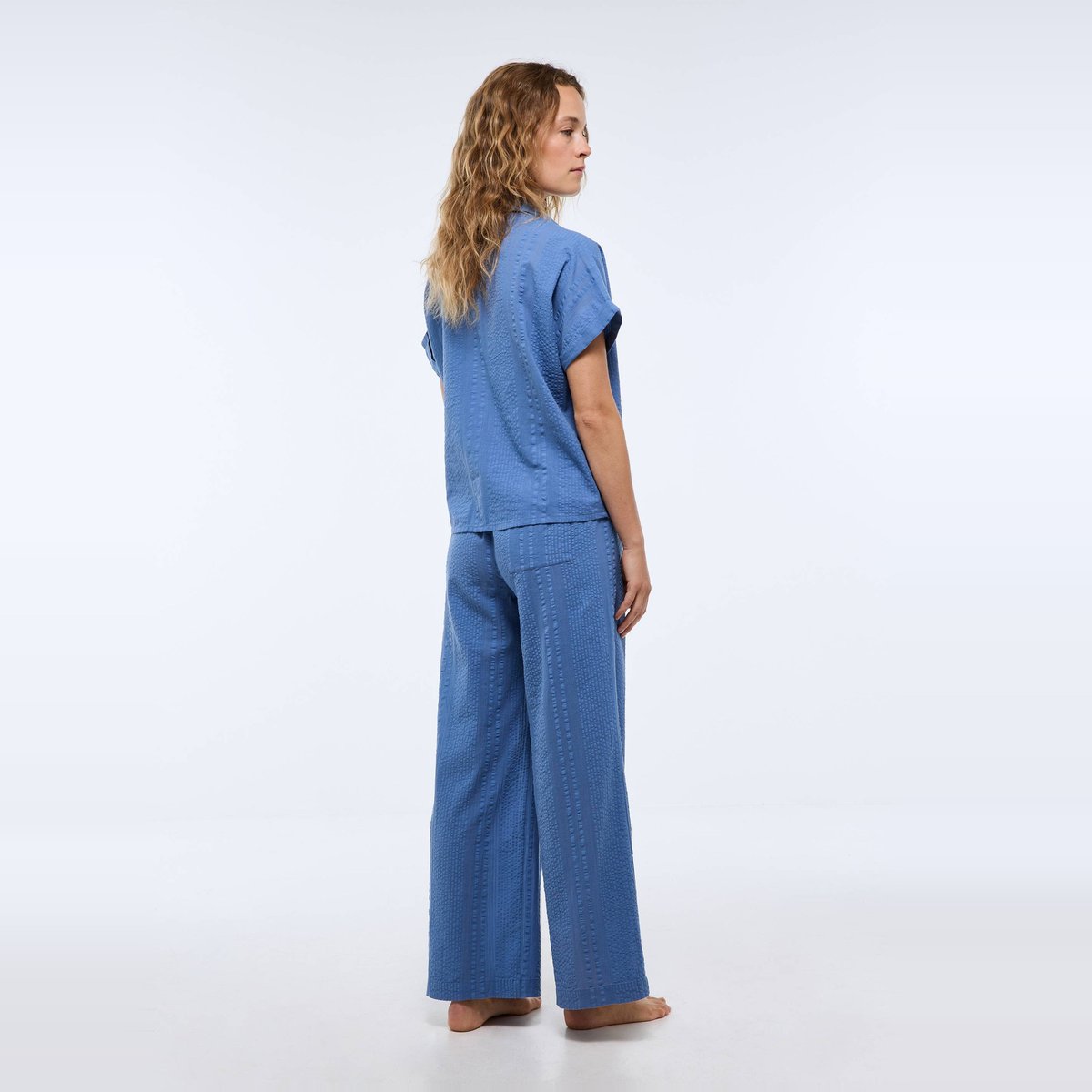 Pyjama long uni en coton avec broderie sardine riviera, MONOPRIX