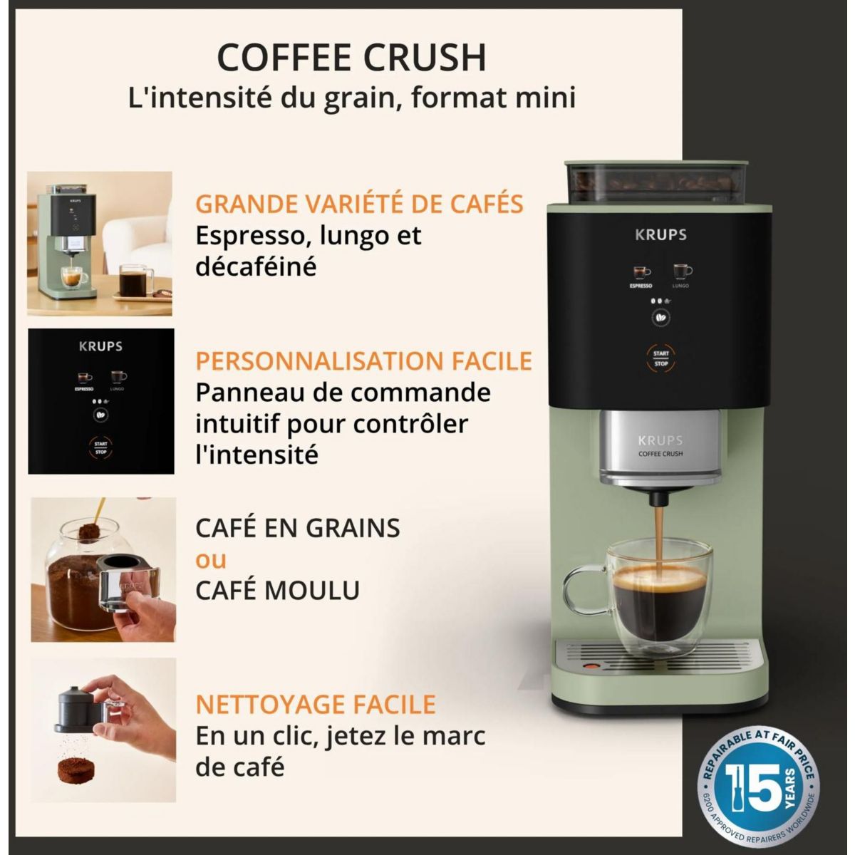 Expresso Broyeur Coffee Crush, Machine à café à grains, ultra compacte SA401LE0 couleur unique, KRUPS