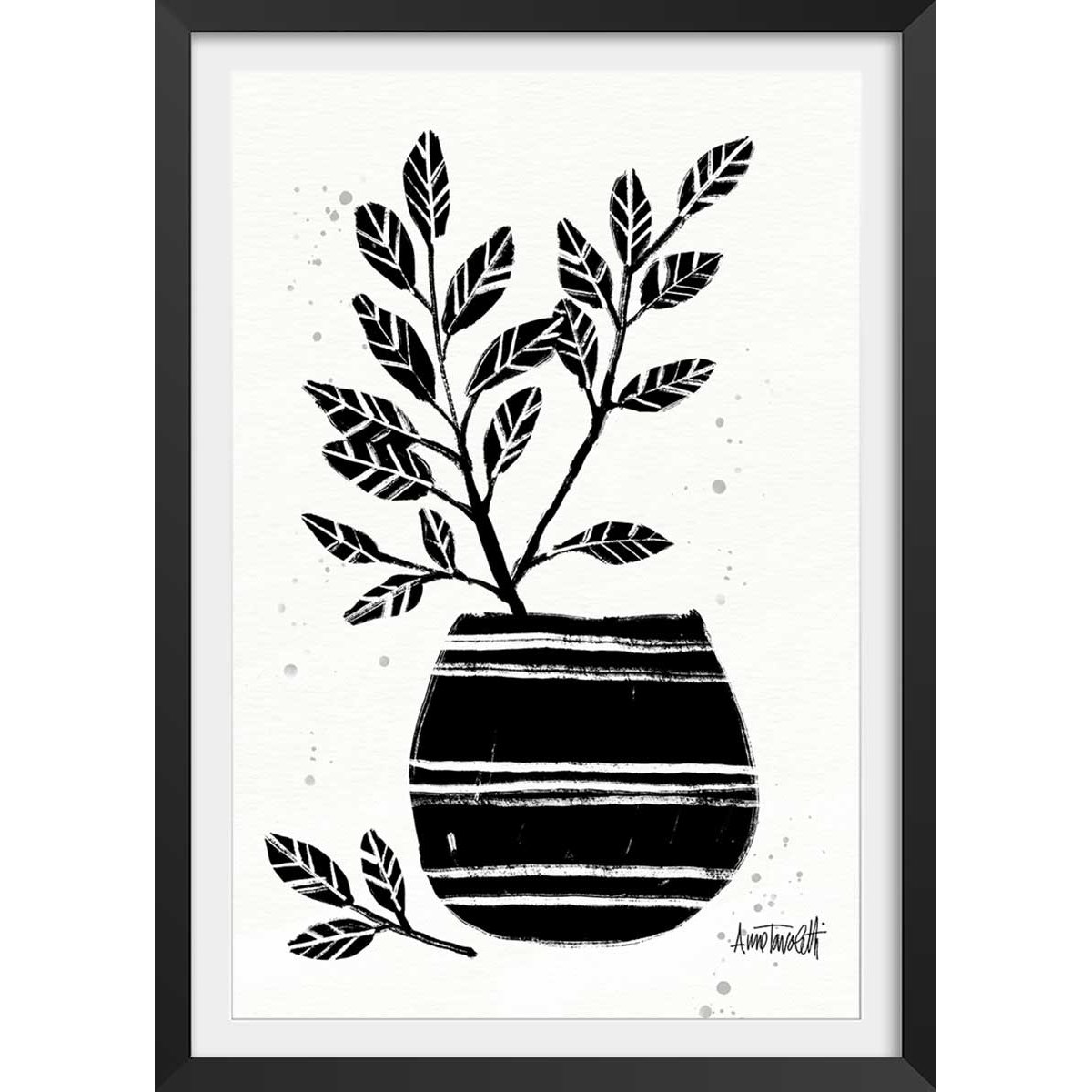 Illustration Poterie et botanique affiche + cadre en bois - noir, HEXOA