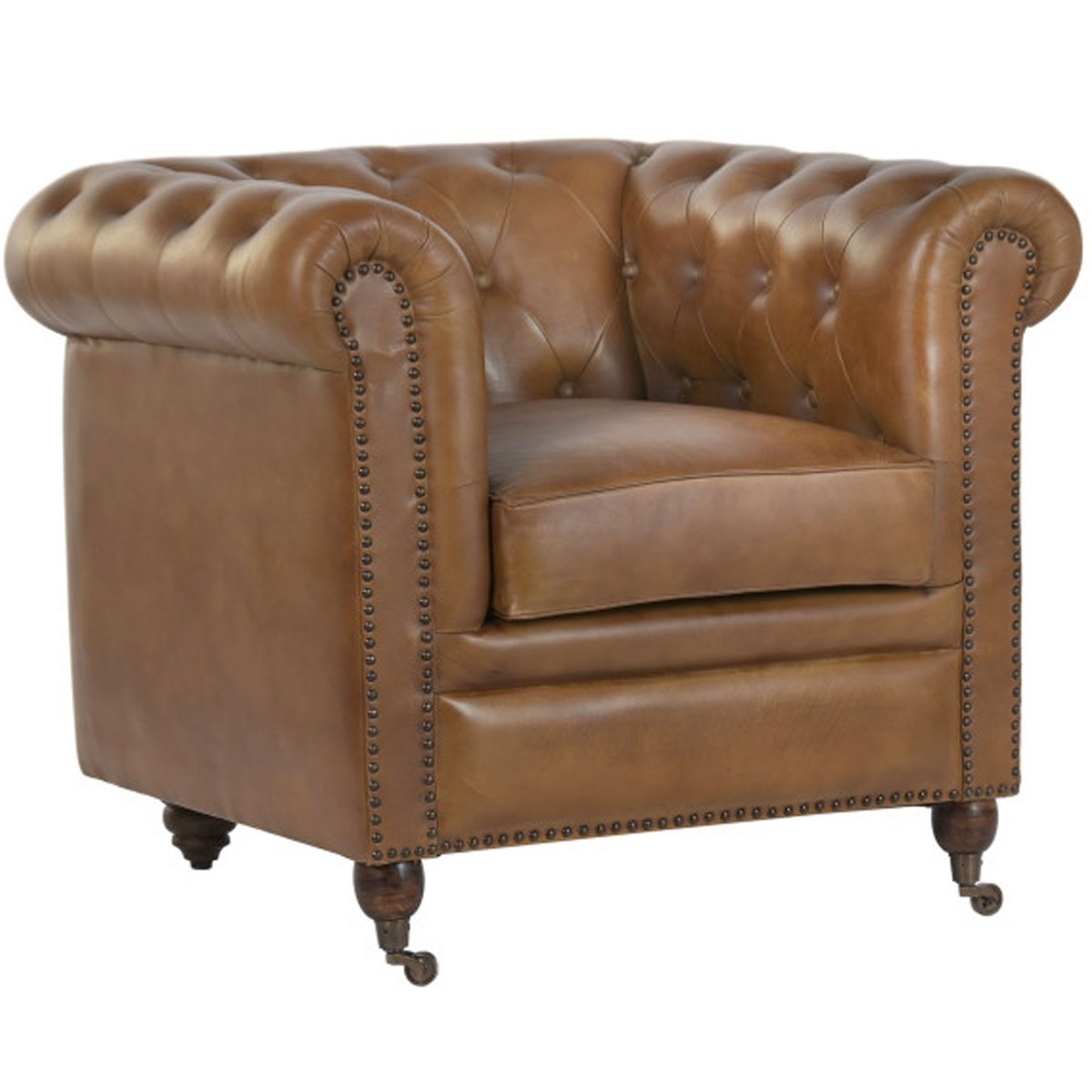 Fauteuil club classique cuir capitonné marron 90x80x77cm marron, WADIGA