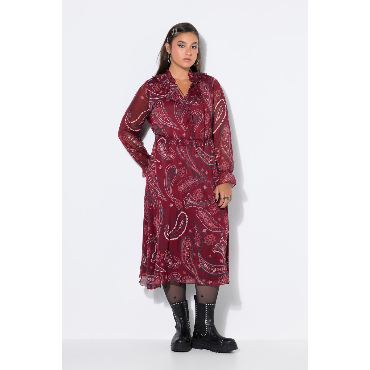 Robe midi, coupe trapèze, mousseline rouge vin, STUDIO UNTOLD