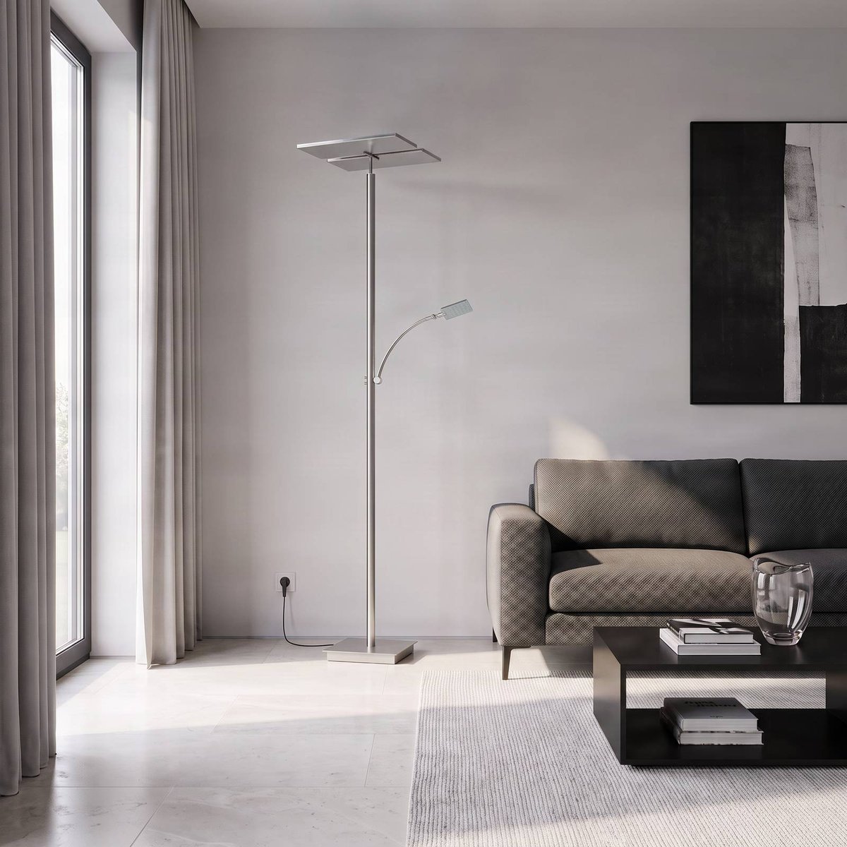 Lampadaire en métal moderneLED, Parthena nickel satiné, LUCANDE