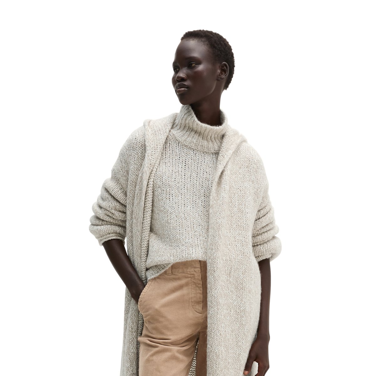 Cardigan à capuche ample en un mélange doux de coton bio et de laine d'alpaga marron, MARC O'POLO