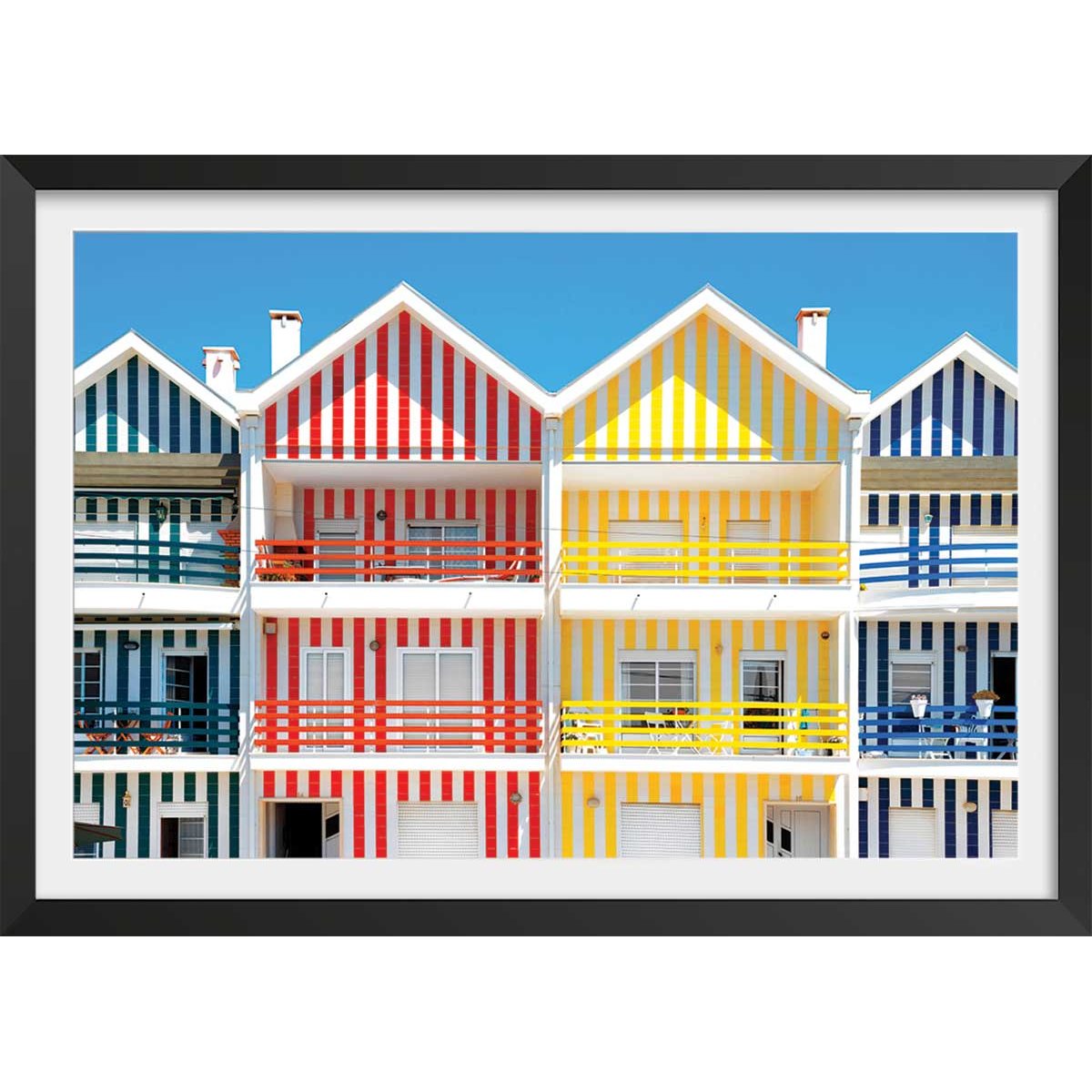 Affiche welcometoportugal houses of striped colors affiche + cadre en bois - noir, HEXOA