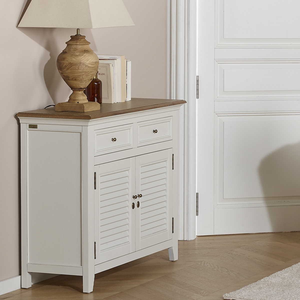Buffet style shabby chic, plateau en chêne, 2 tiroirs, 2 portes EDEN blanc, ROBIN DES BOIS