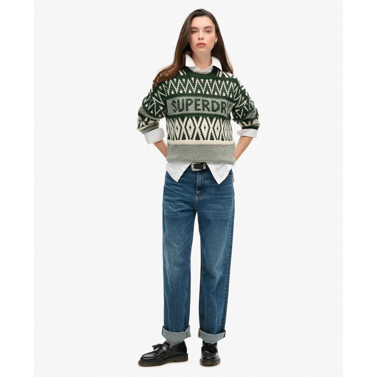 Pull ras-du-cou à motif vert pin foncé, SUPERDRY