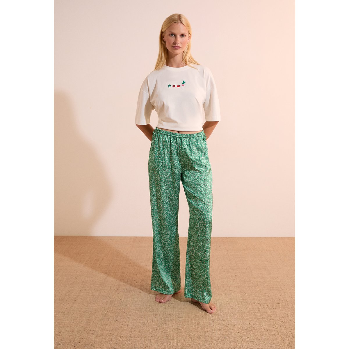 Pantalon de pyjama satiné à motifs TEVERDE imp fond vert, ETAM