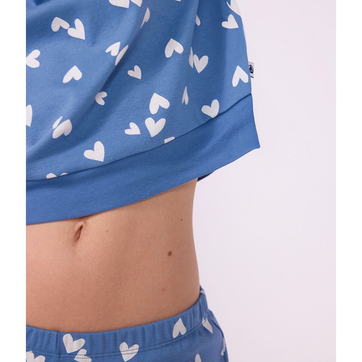 Pijama de 2 peças, em algodão, com estampado de corações azul/branco, PETIT BATEAU