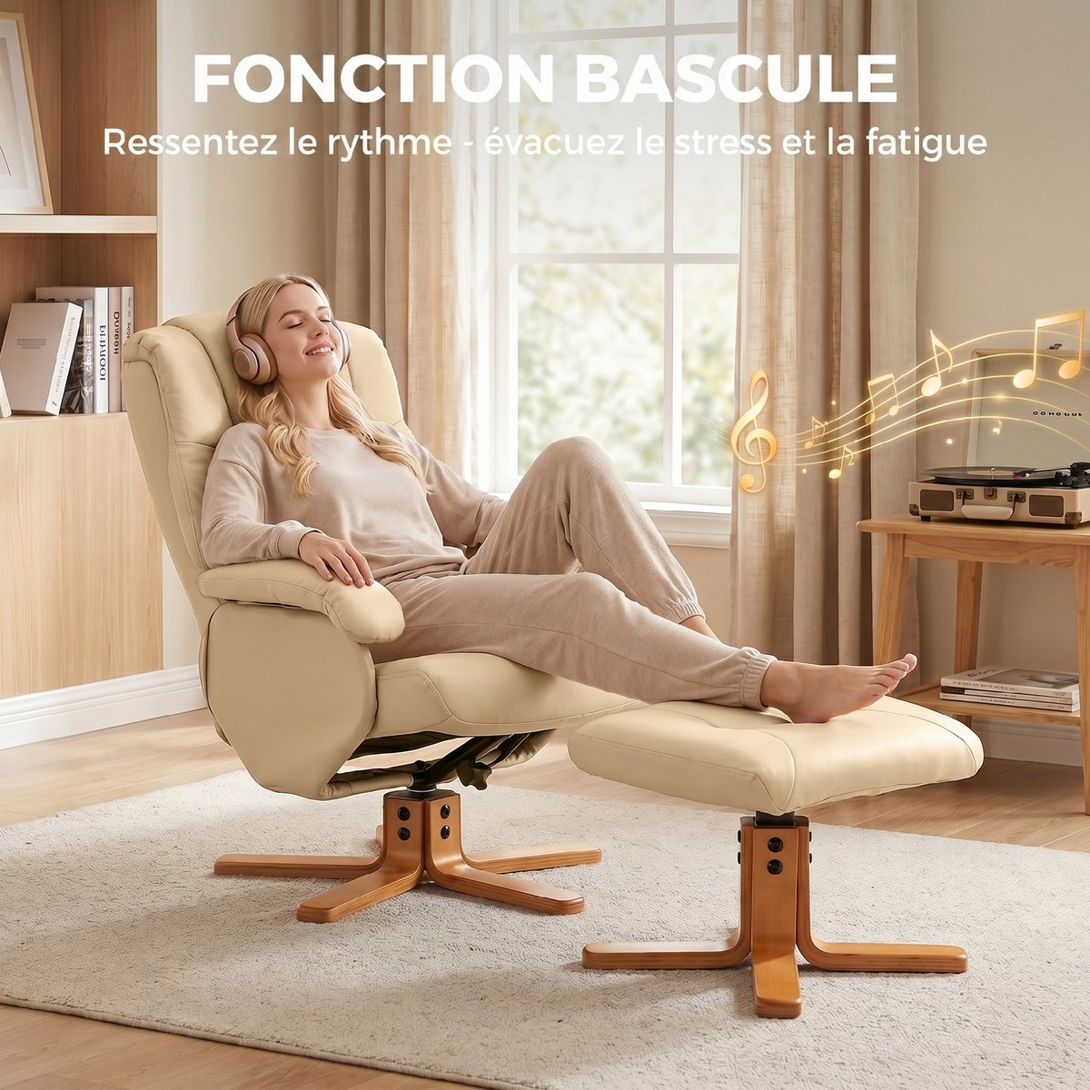 Fauteuil inclinable avec repose-pieds beige, bois clair, HOMCOM
