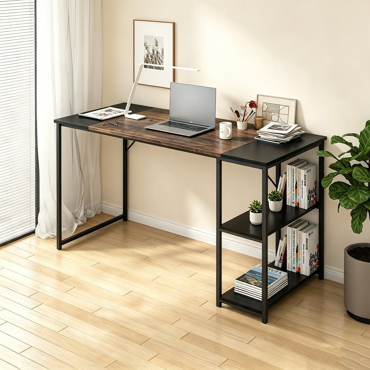 Bureau 140cm avec 2 étagères réversibles style industriel, DEMBE noir, MEUBLES COSY