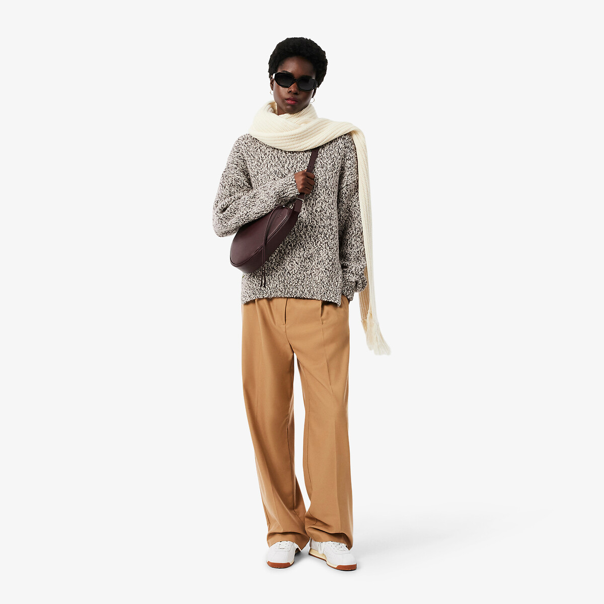 Pull à col roulé en laine mélangée beige chiné/bordeaux, LACOSTE