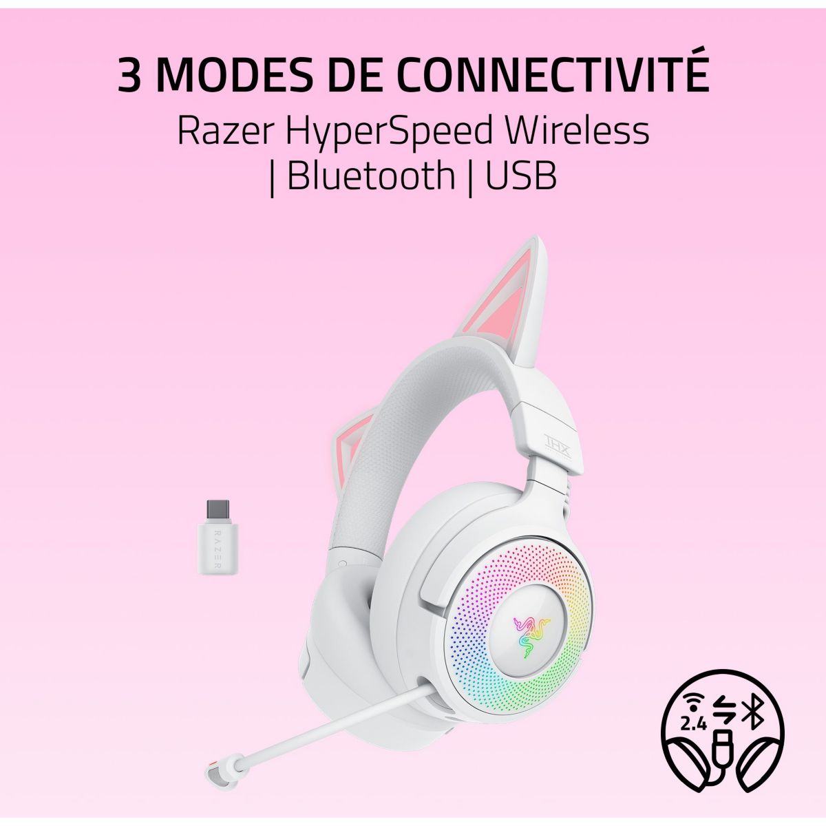 Casque gamer KRAKEN KITTY V3 PRO BLANC couleur unique, RAZER