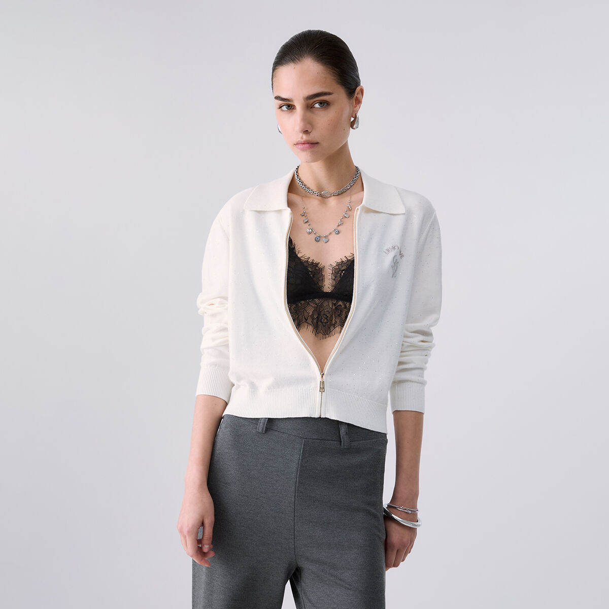 Cardigan avec micro paillettes blanc laine, LIU JO