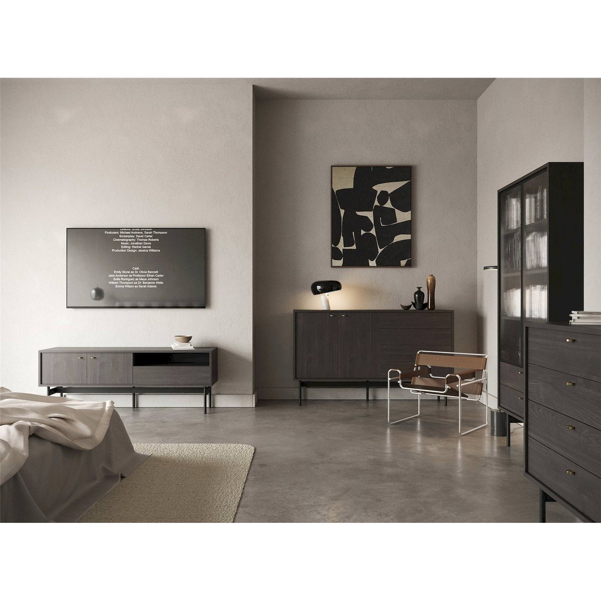 Buffet bas 2 portes 4 tiroirs OLAR en bois frêne portland noir avec poignées dorées, RECOLLECTION