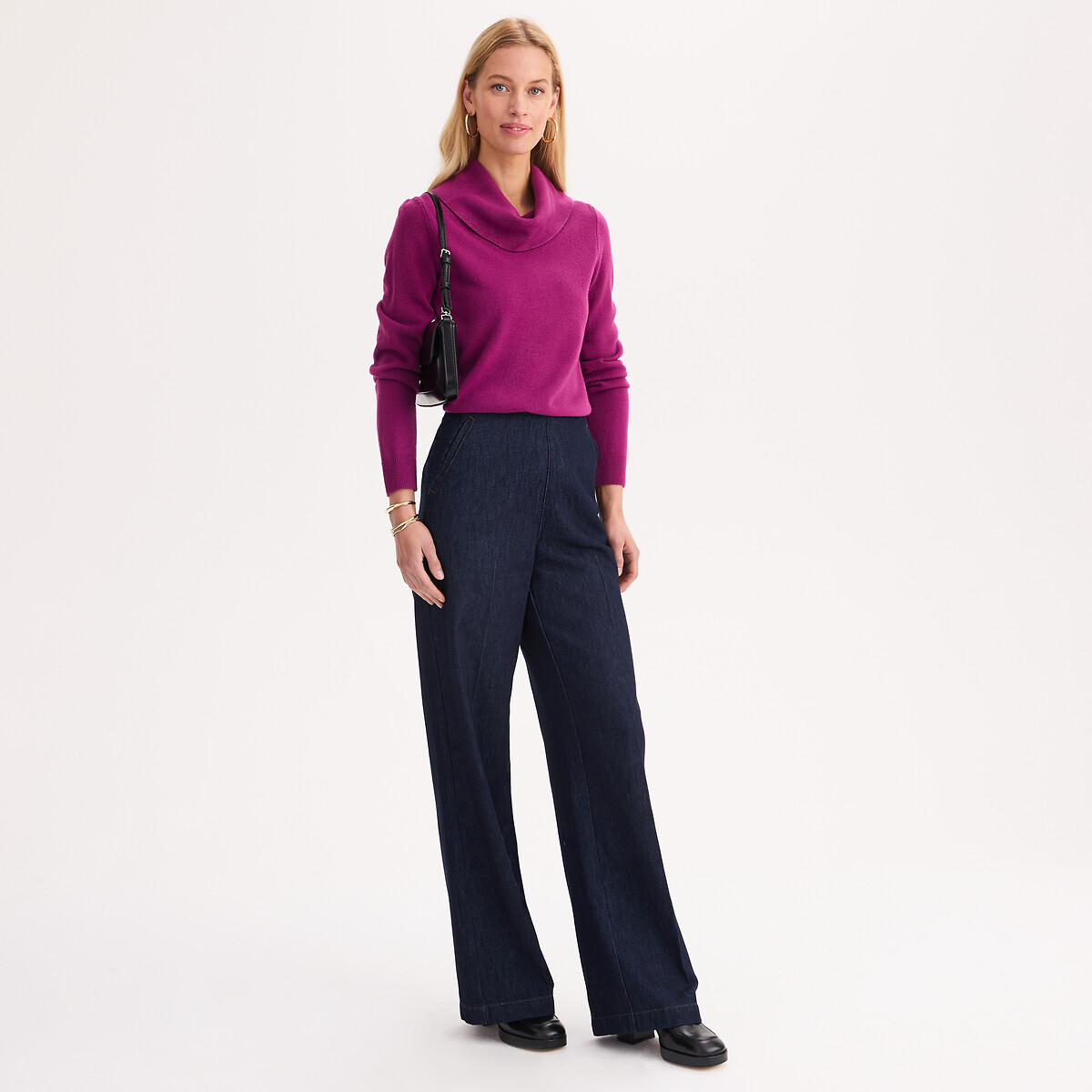 Pull col boule, manches longues, toucher très doux rose fuchsia, ANNE WEYBURN