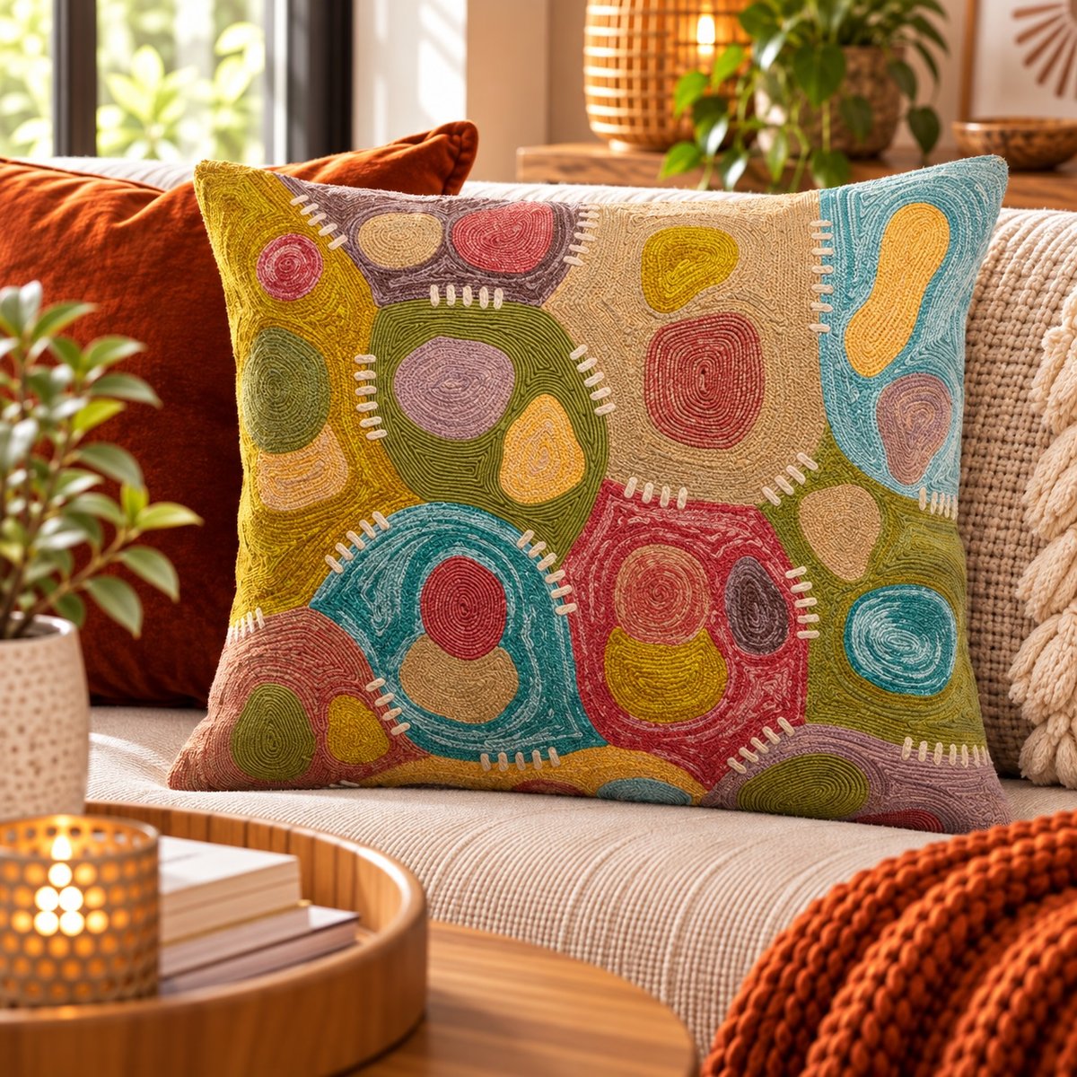 Coussin brodé Épure Solaire mineral, EDEN