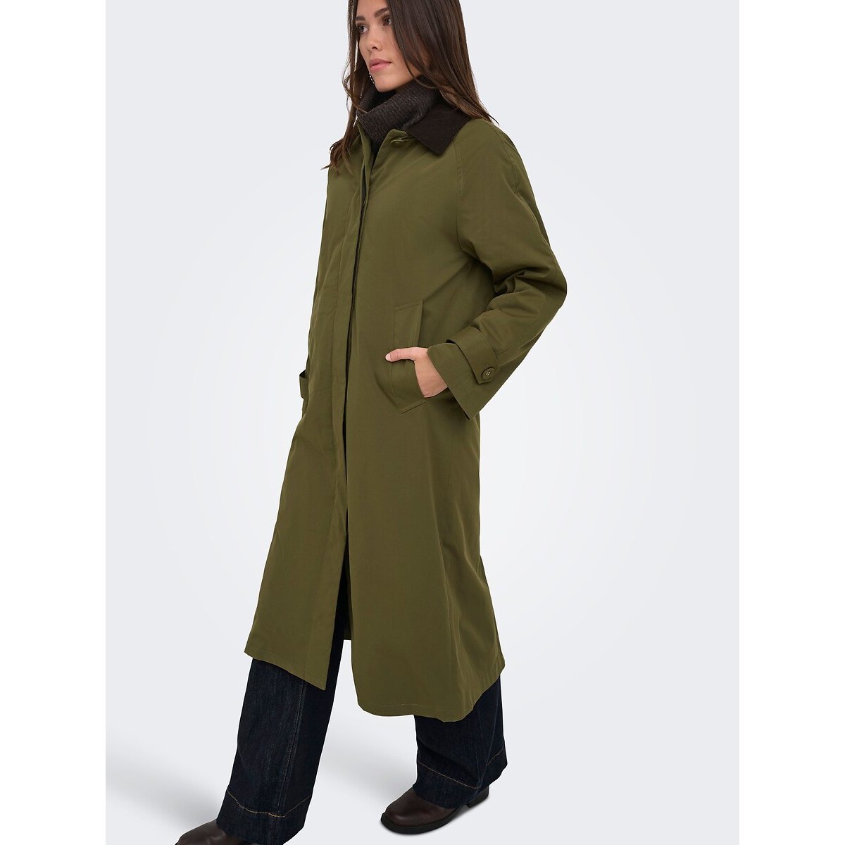 Long Dual Fabric Polo Collar Trench Coat khaki green, ONLY