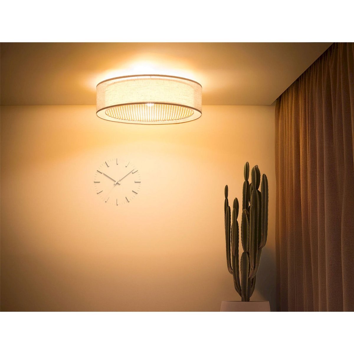 Plafonnier rond en tissu design moderne Puro beige tissu naturel et beige rotin, BPS KONCEPT