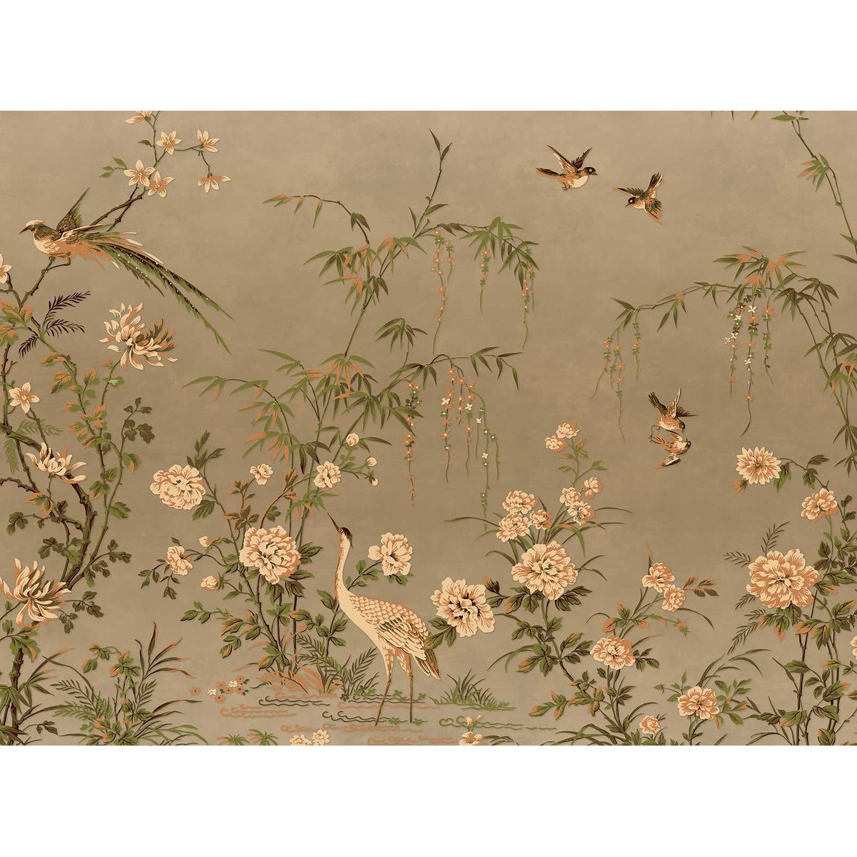 Papier peint panoramique fleurs oiseaux du marais intissé, HEXOA