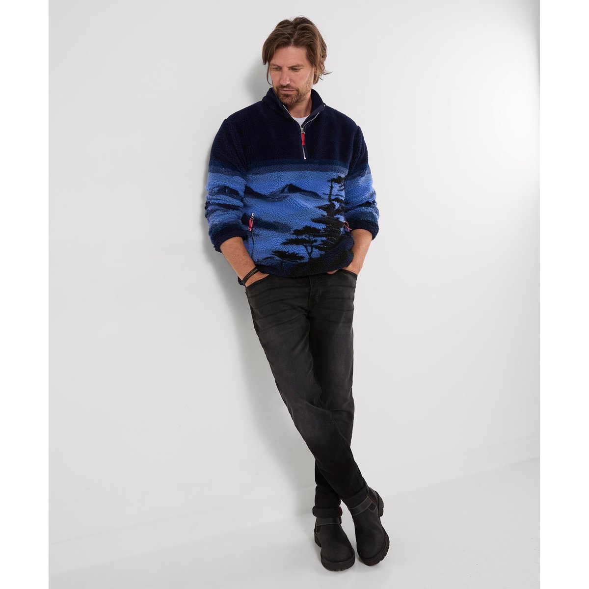 Sweat Col Cheminée en Sherpa Motif Paysage bleu, JOE BROWNS