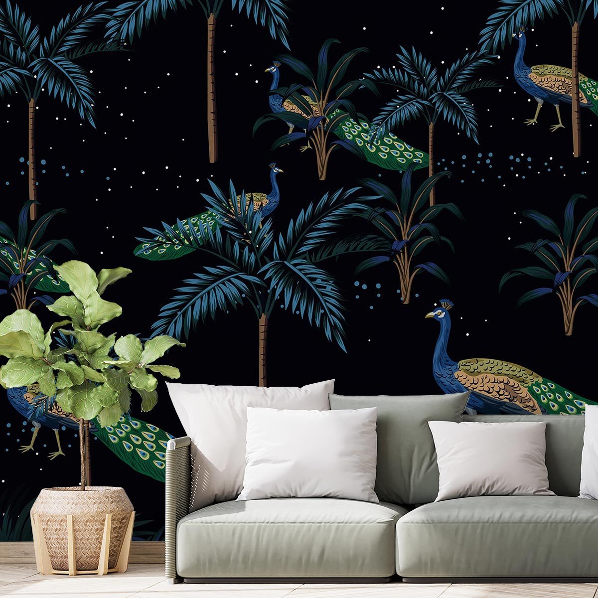 Papier peint panoramique feuilles art deco bleu paon intissé, HEXOA