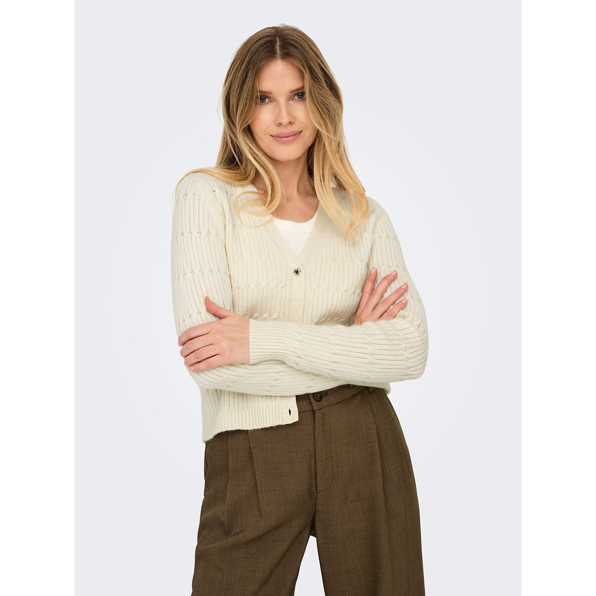 Cardigan a maniche lunghe con bottoni a cuore ecru , ONLY