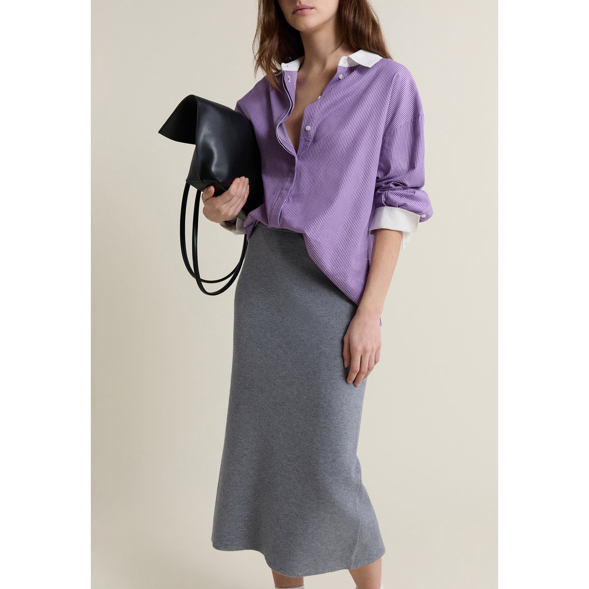 Jupe midi en tricot JEMILIE gris clair, ETAM