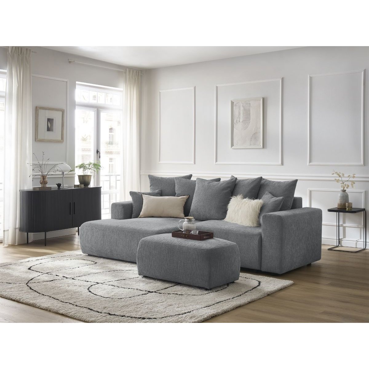 Canapé d'angle convertible 5 places en tissu texturé avec pouf, ATILLA gris foncé, BOBOCHIC