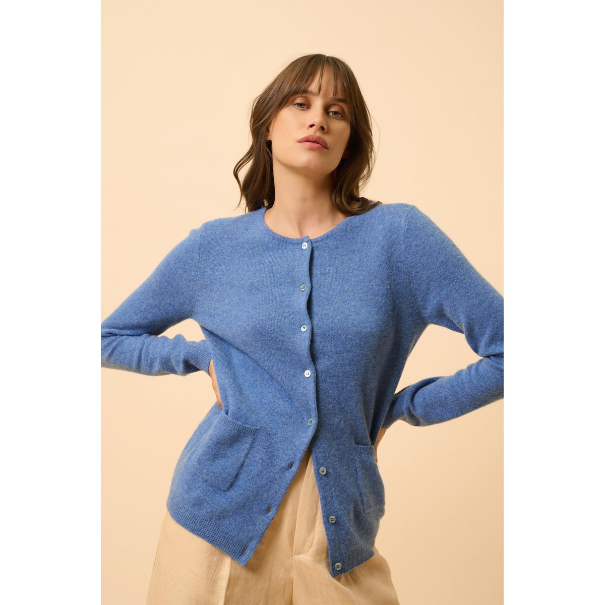 Cardigan Col Rond Bleu Denim Katharine bleu denim, JUST CASHMERE