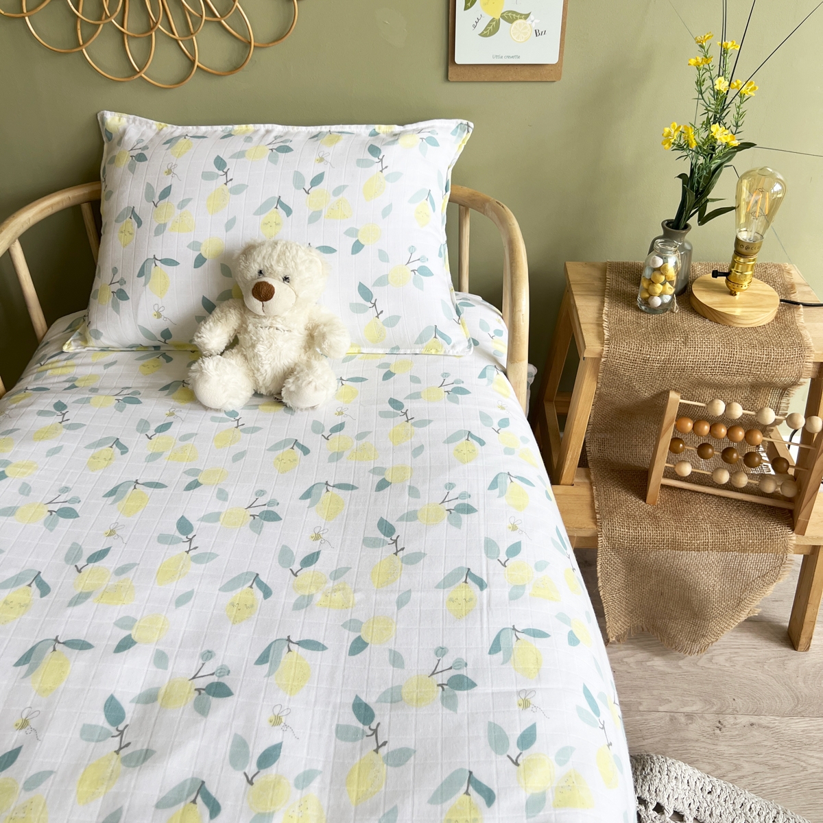 Parure de couette bébé gaze de coton bio LIMONADE jaune, LITTLE CREVETTE