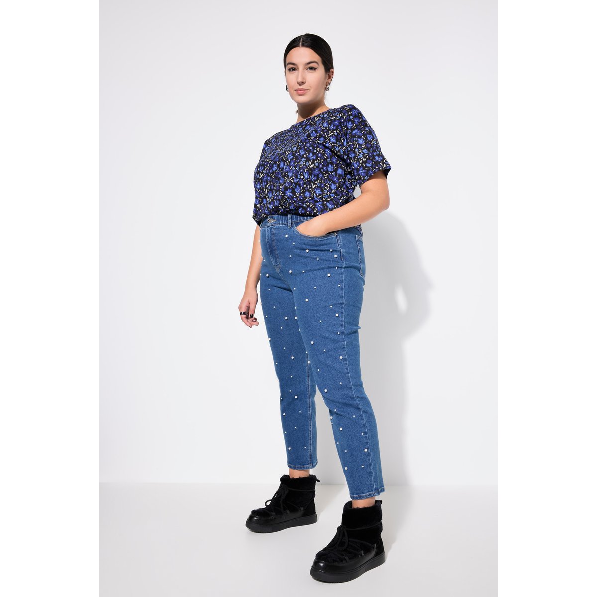 Jean mom 5 poches à perles fantaisie classique denim bleu, STUDIO UNTOLD