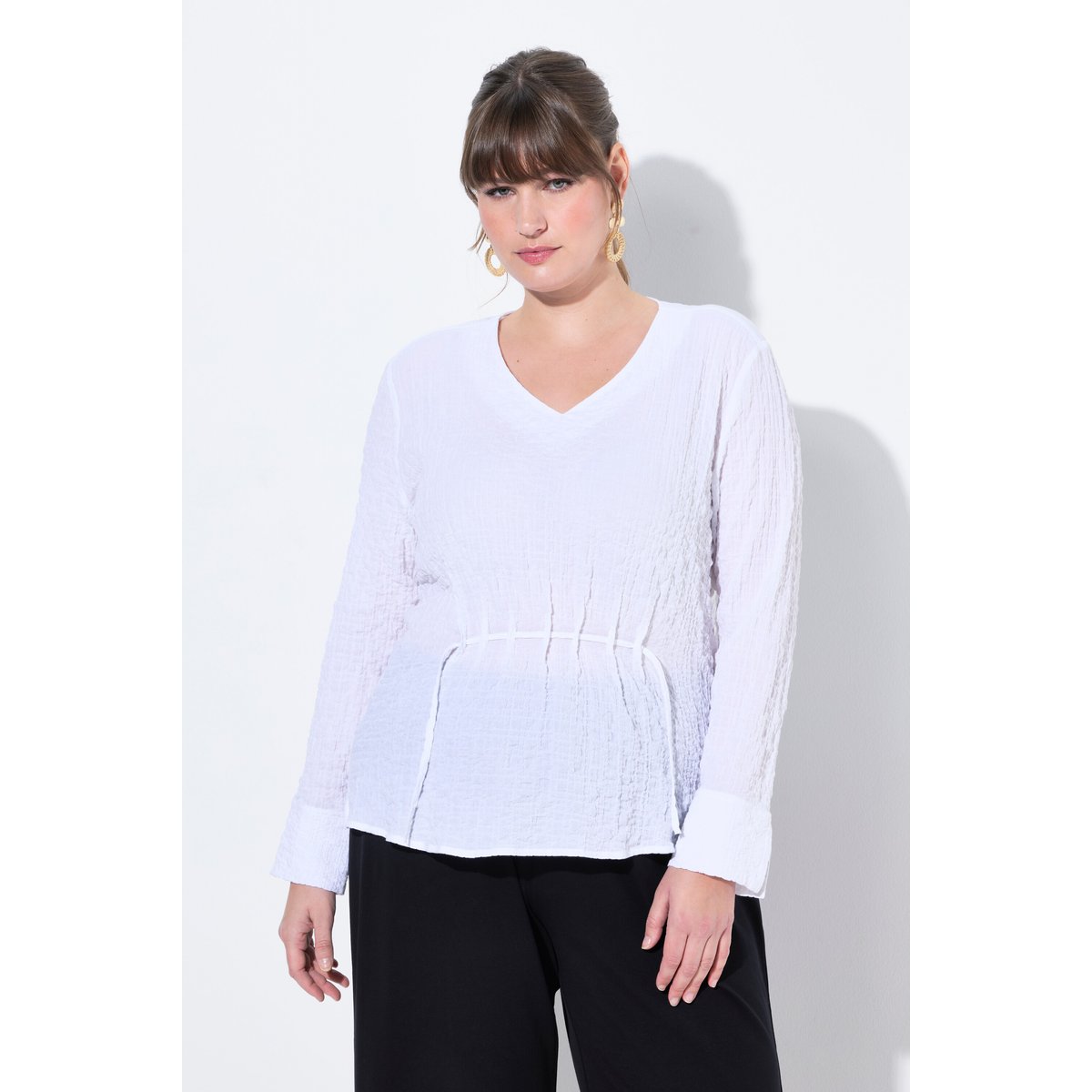 Blouse tunique, fronces, col en V blanc neige, ULLA POPKEN