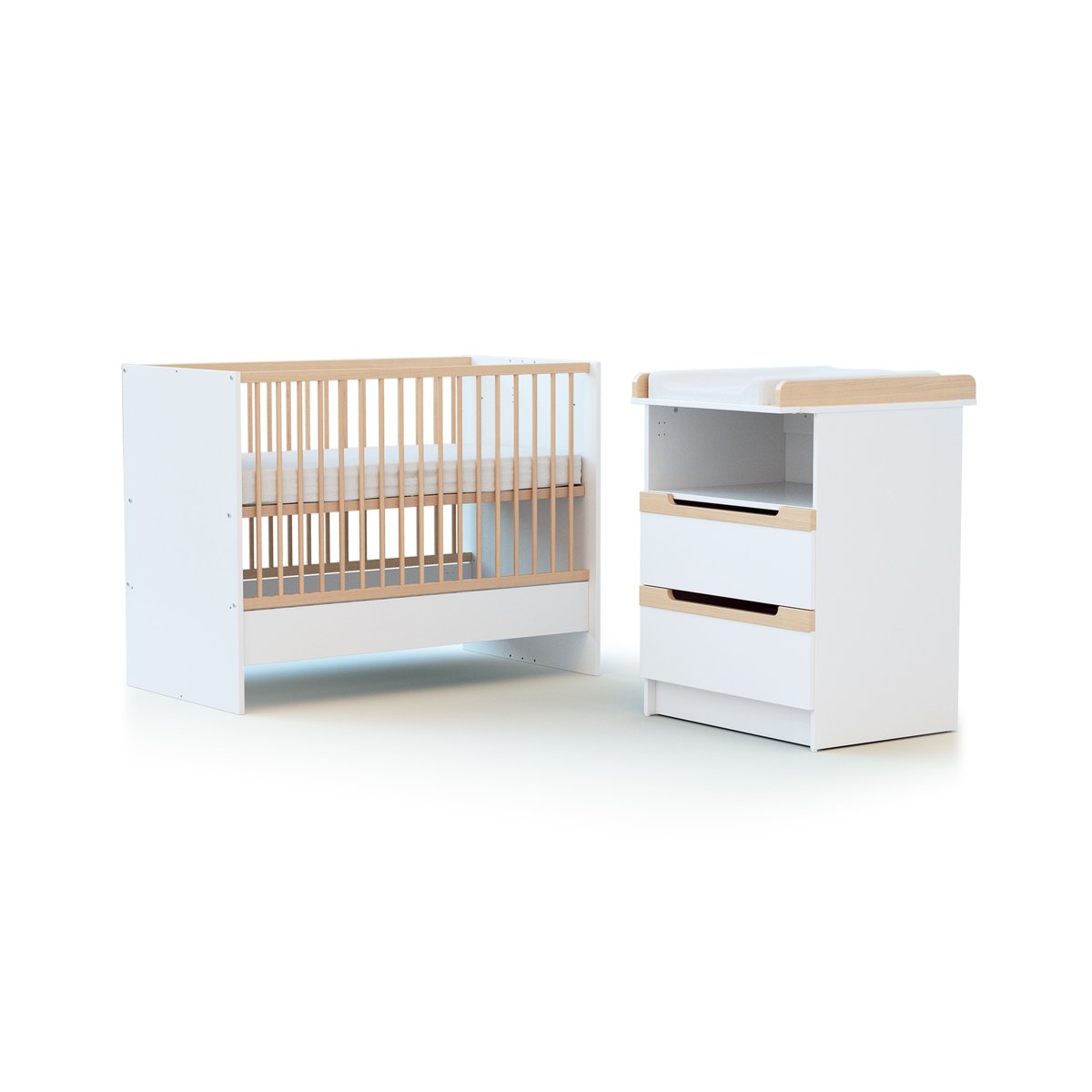 Combiné lit bébé évolutif en bois CARROUSEL blanc et hêtre verni, JURABABY
