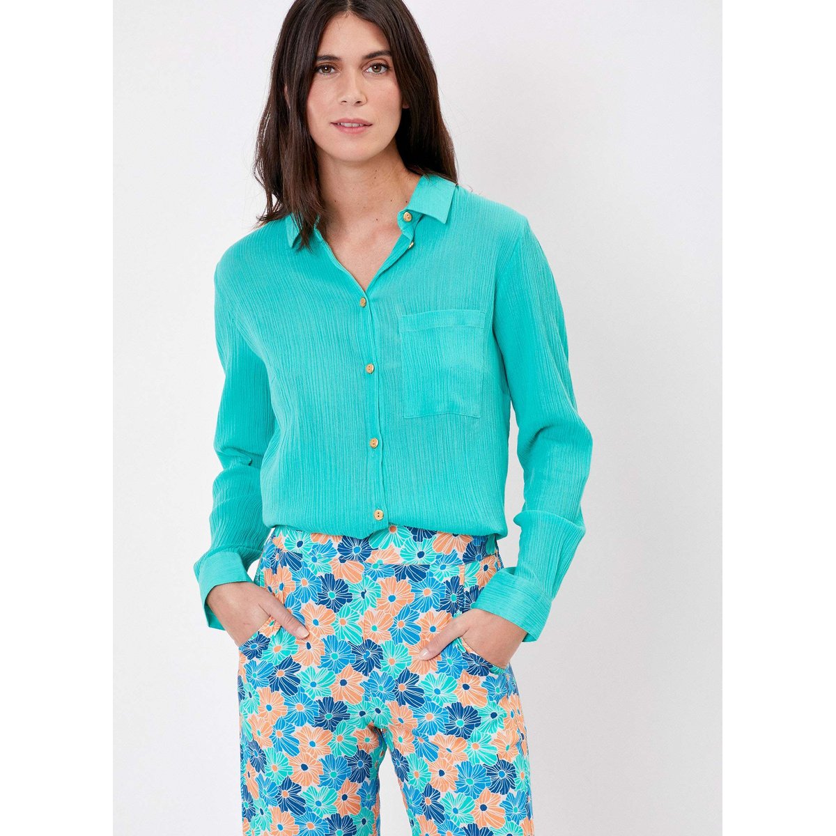 Chemise droite coton bio unie DOLORES jade, LA FIANCÉE