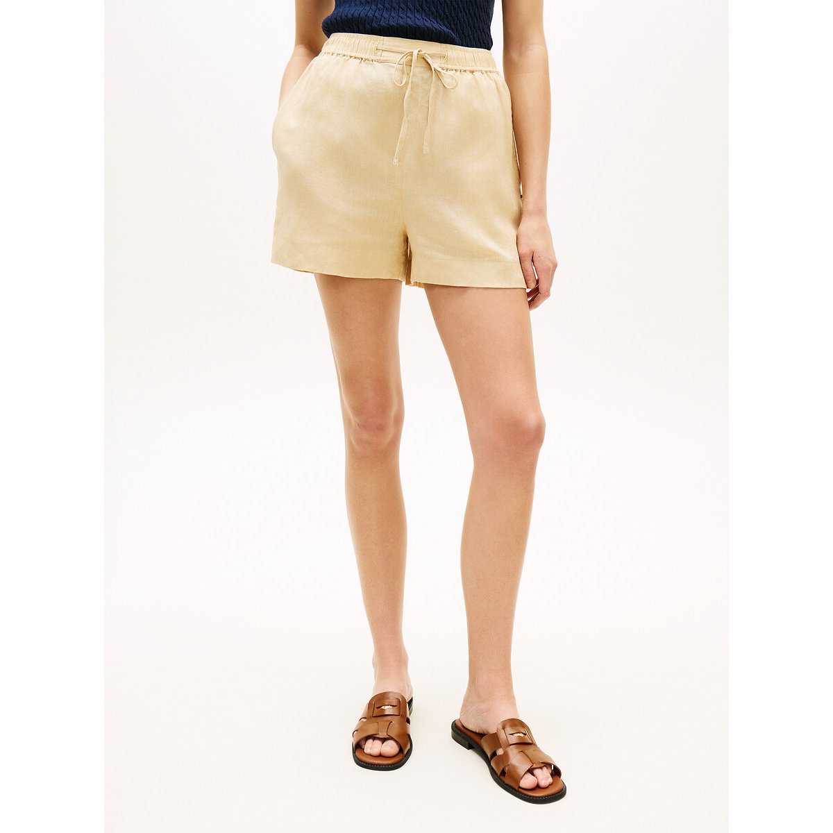 Short en lin à taille élastiquée beige, TOMMY HILFIGER