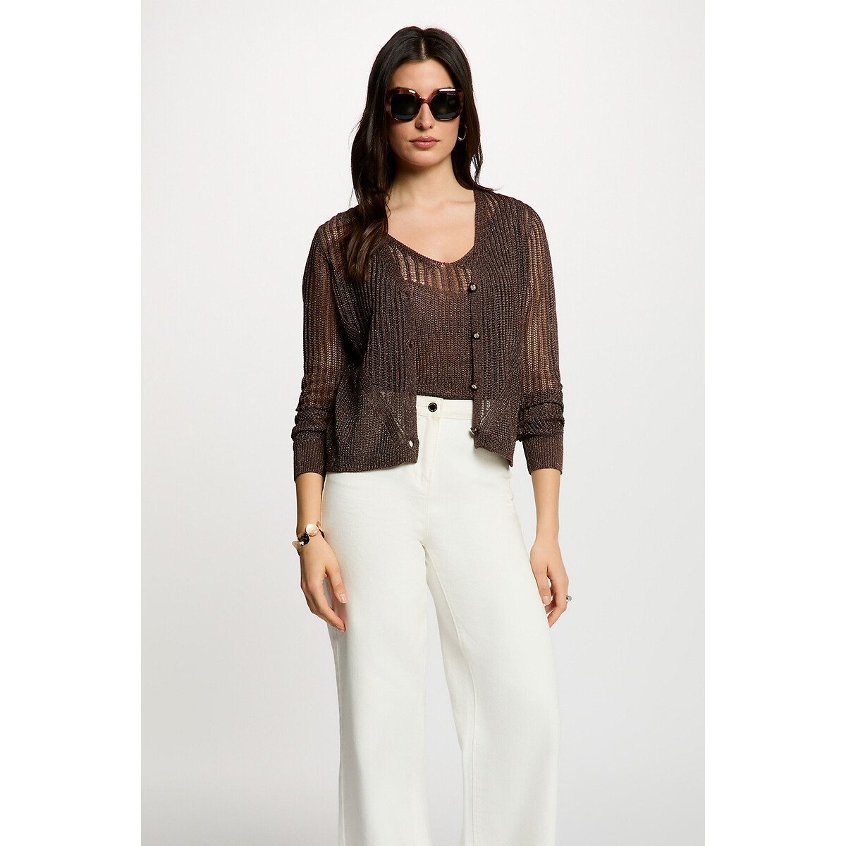 Gilet manches longues ajouré chocolat, MORGAN