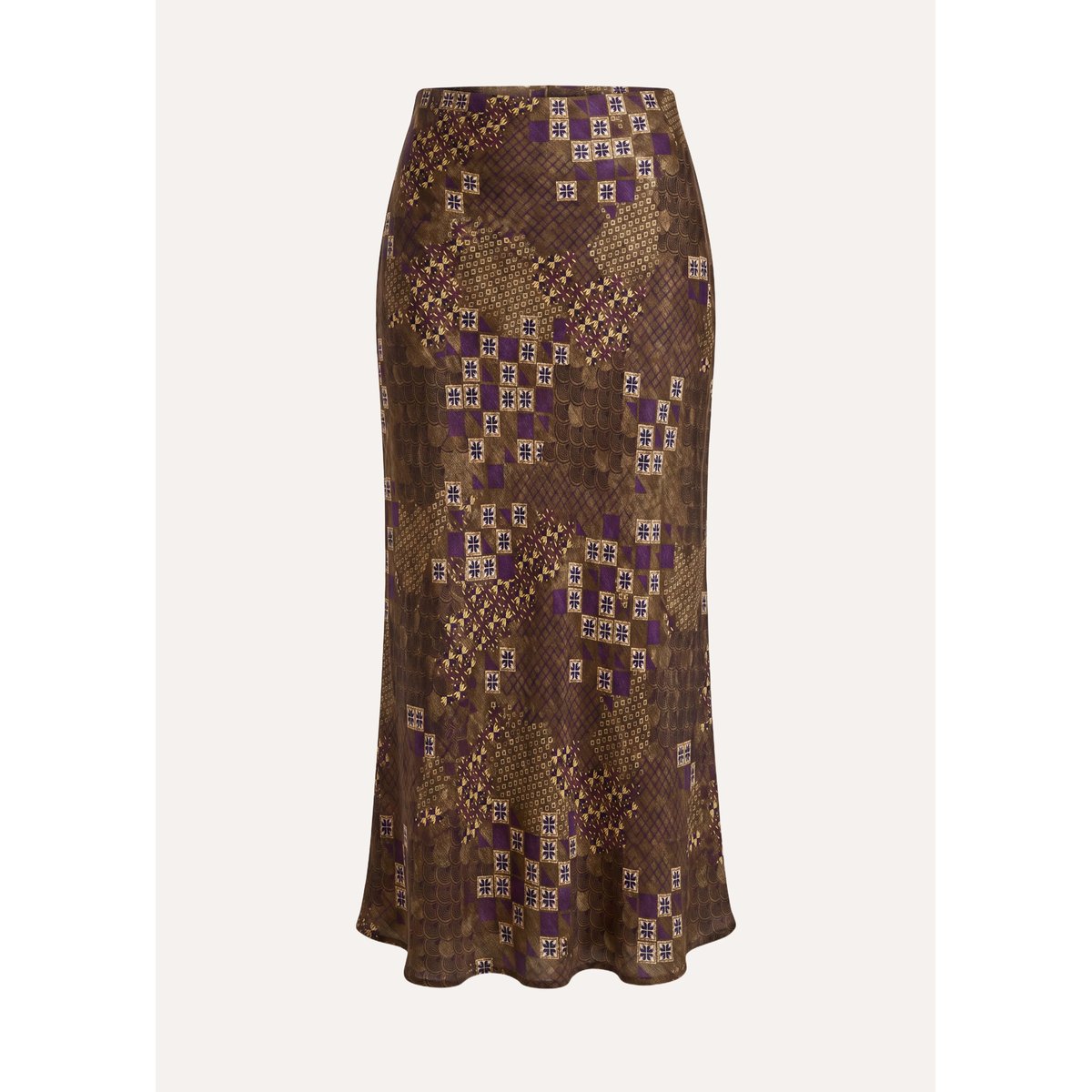 Jupe midi trapèze en satin à imprimé olive/cassis, LA FEE MARABOUTEE