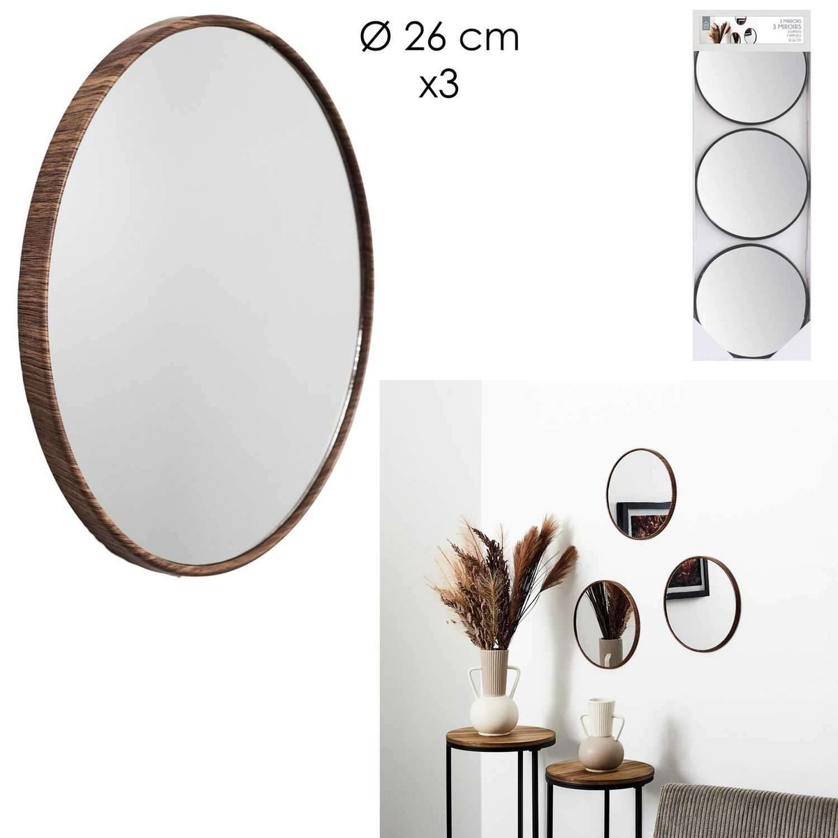 Lot de 3 miroirs ronds avec cadres effet bois marron, THE HOME DECO FACTORY