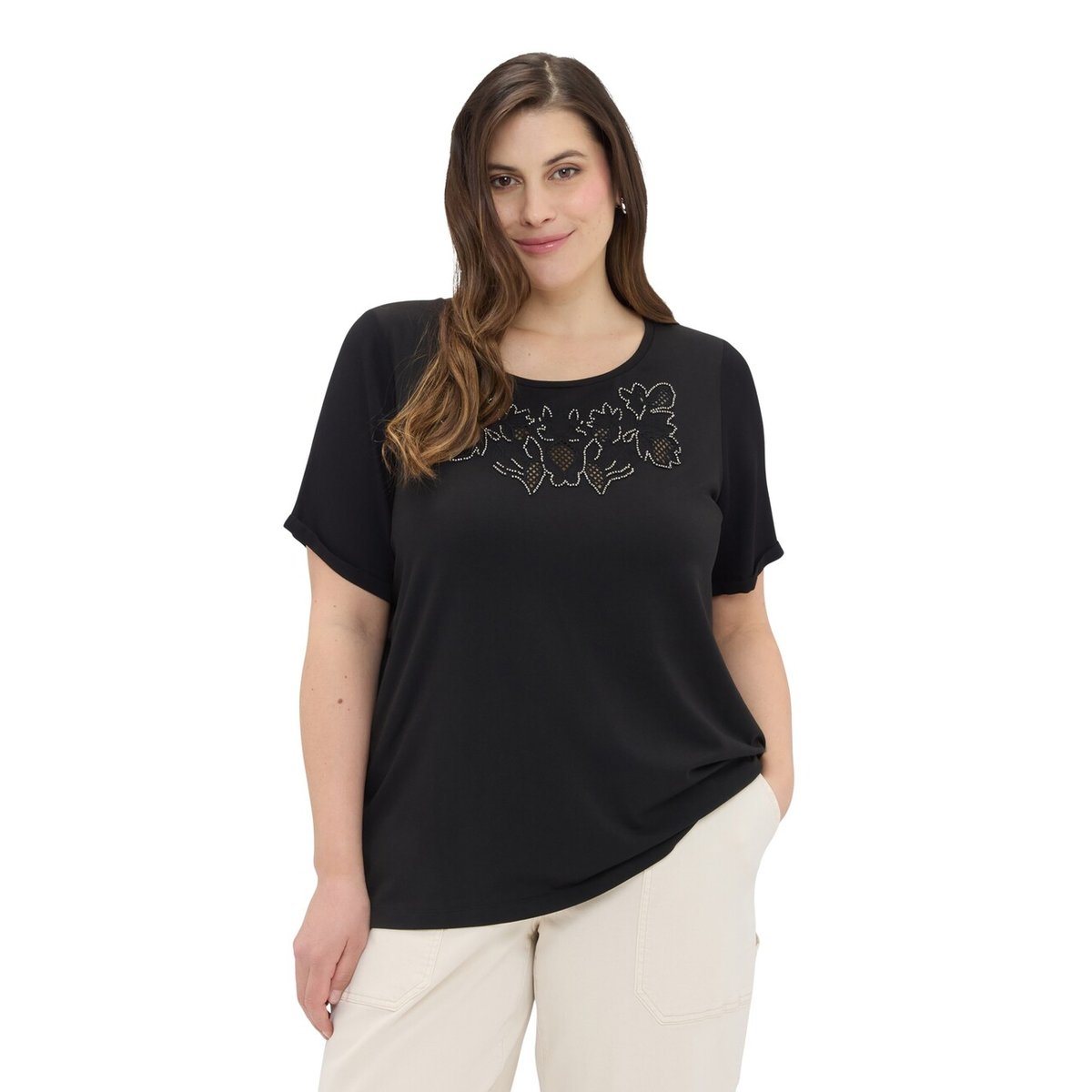 T-shirt avec broderie florale noir, FIORELLA RUBINO