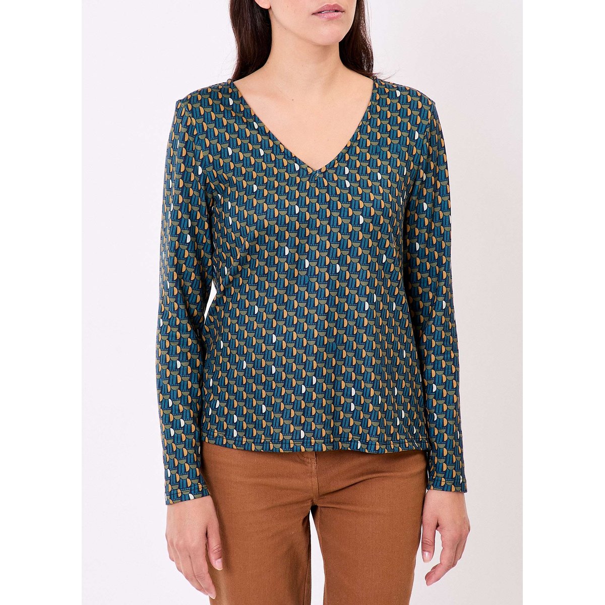 T-shirt fluide col V maille PLUME bleu octopus, LA FIANCÉE