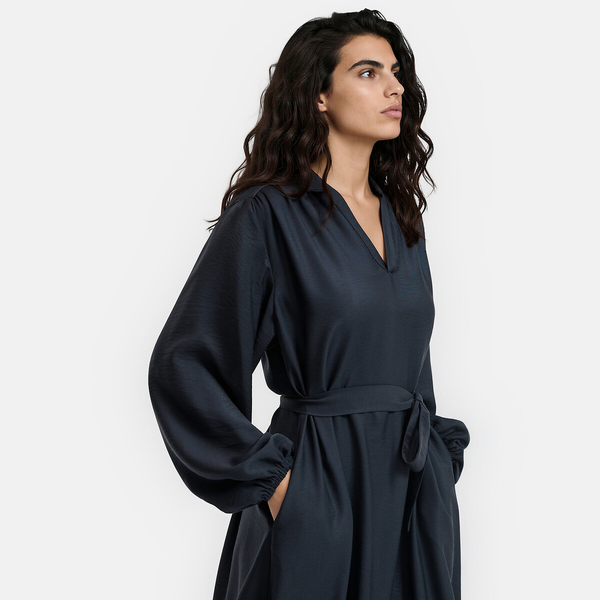 Robe longue fluide, à manches bouffantes bleu marine, LA REDOUTE COLLECTIONS